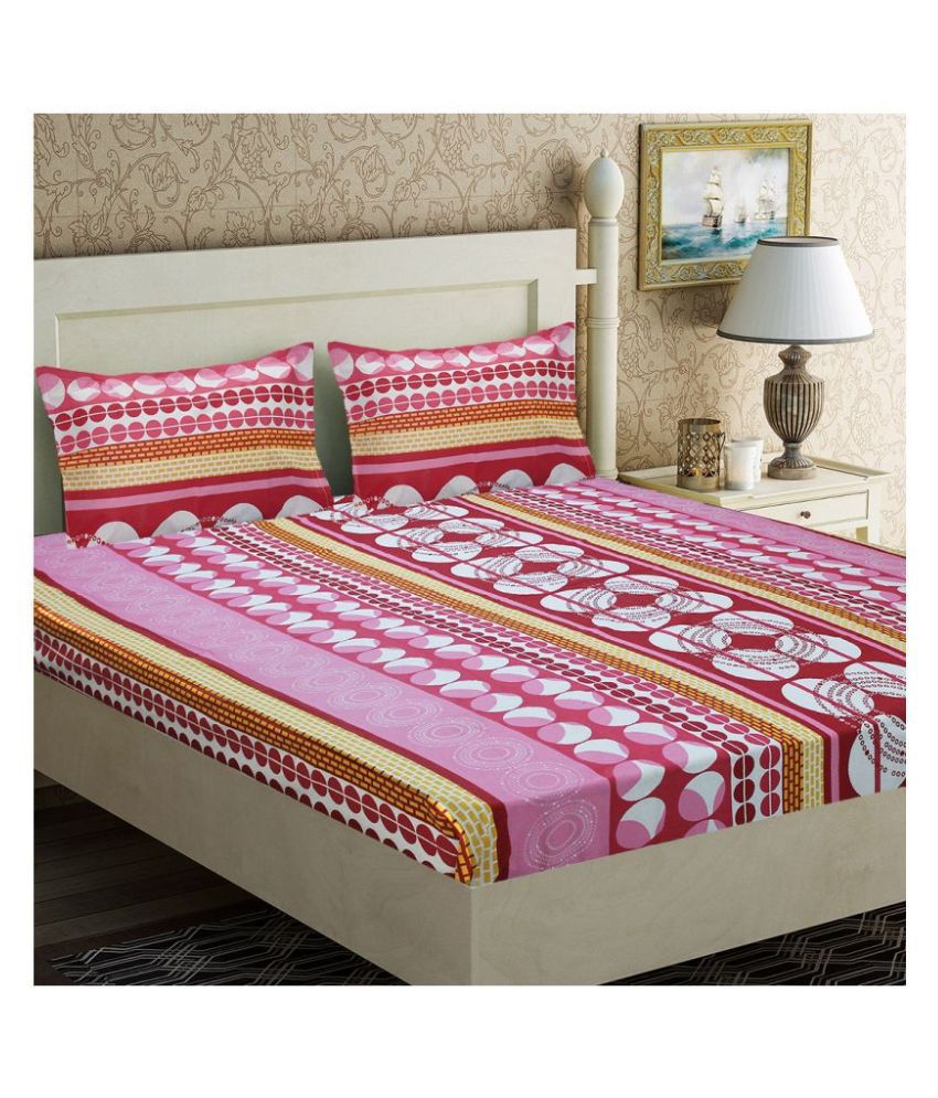     			Home Candy Cotton Geometric Double Bedsheet with Two Pillow Covers -Pink