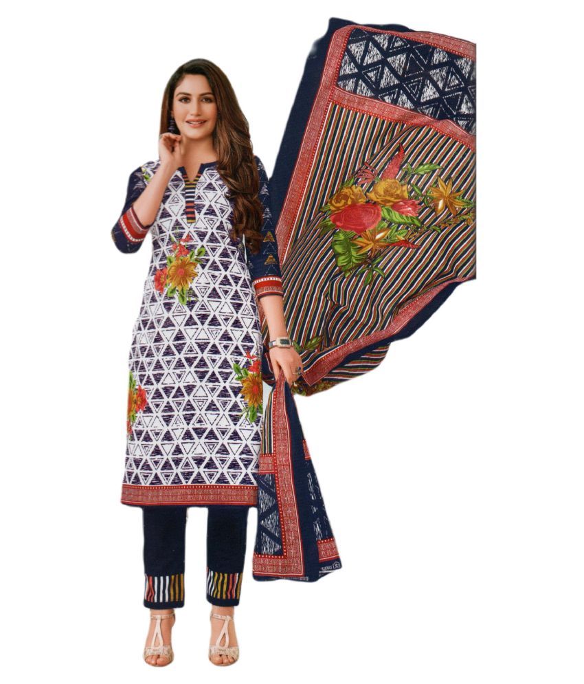 DEEPTEX UNSTITCHED PRINTED COTTON DRESS MATERIALS White,Blue Cotton