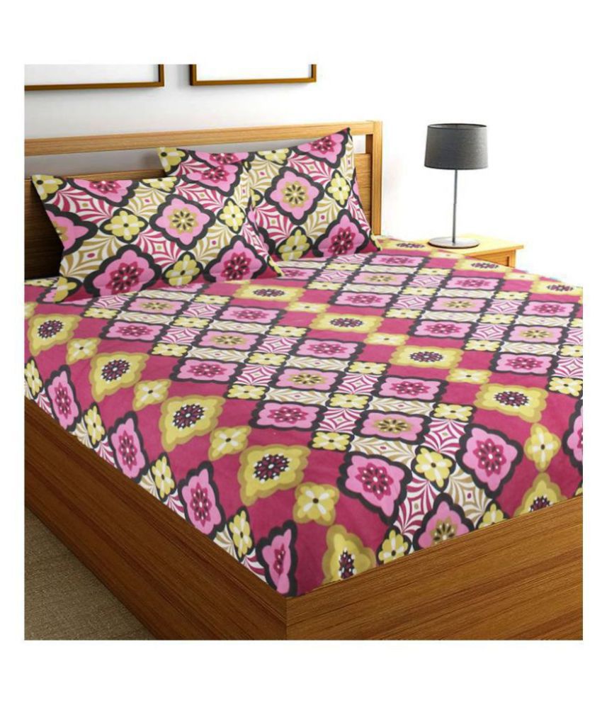    			Home Candy Cotton Floral Double Bedsheet with 2 Pillow Covers - Pink