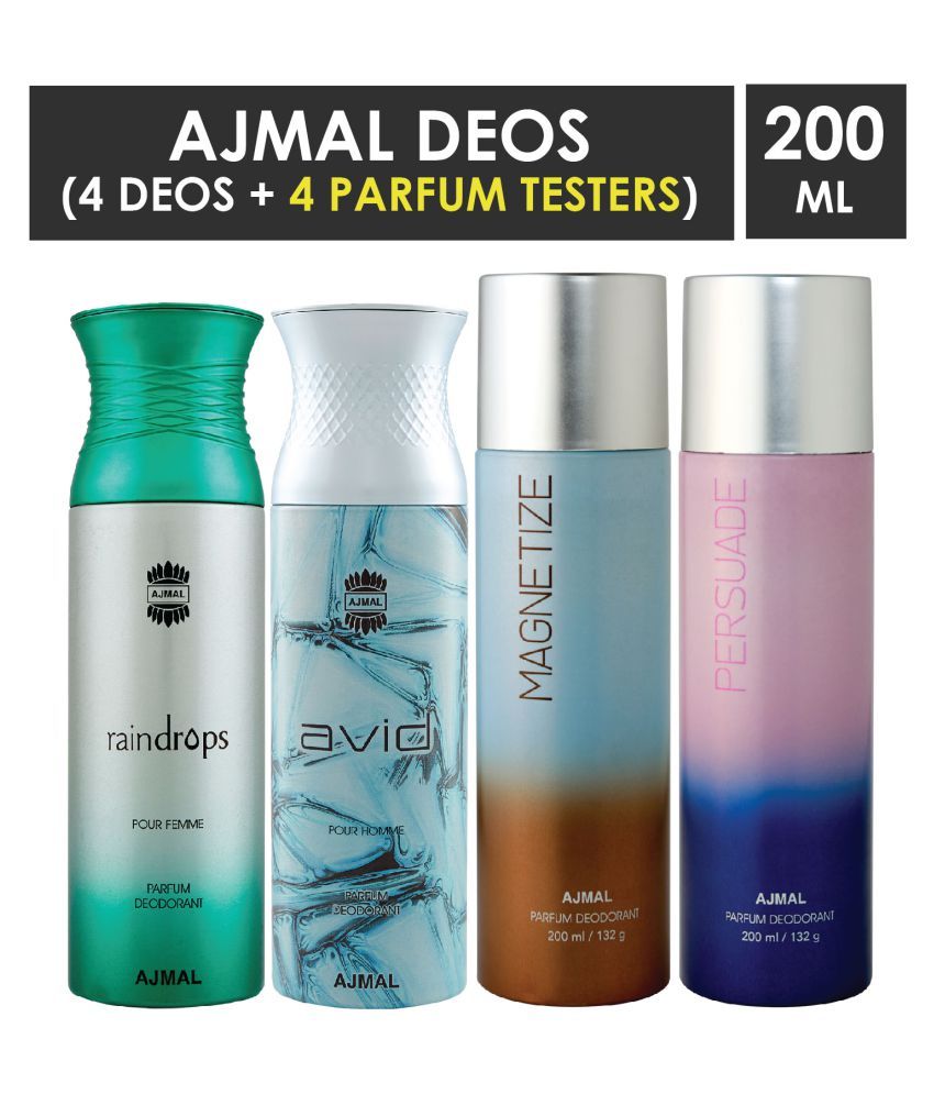     			Ajmal Raindrops, Avid, Magnetize and Persuade Deodorants 200ML LongLasting For Men & Women Pack of 4