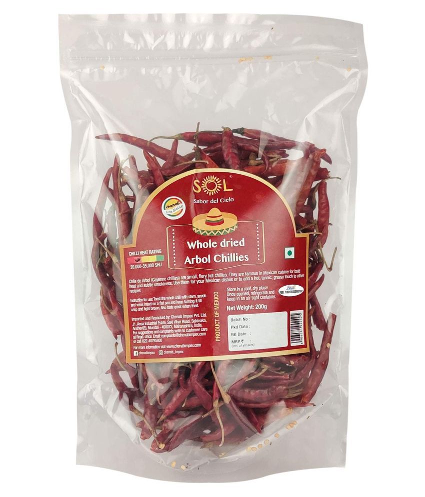 SOL Whole Dried Arbol Chilies With Stem 200 gm