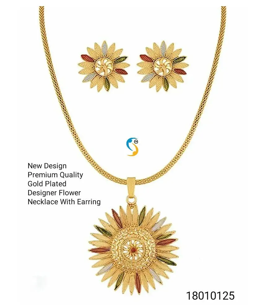 New design premium quality gold plated designer flower pendant with earring  + chain.