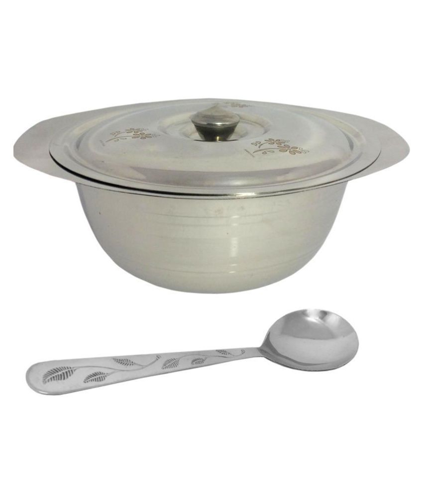 A&H Set of 1 Pc Laser Design Serving Bowls With Lid ( Dongas ) With Serving Spoon  - Stainless Steel