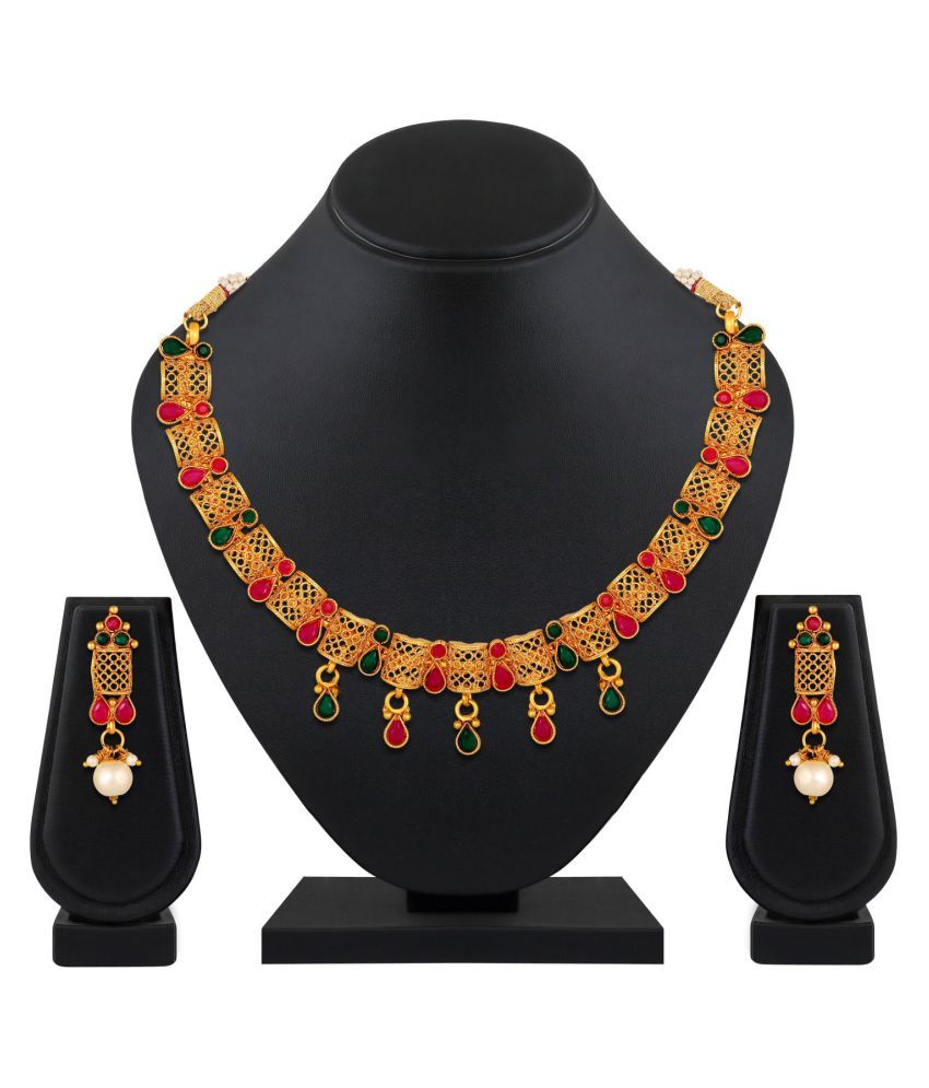     			Asmitta Jewellery Brass Golden Choker Traditional Gold Plated Necklaces Set