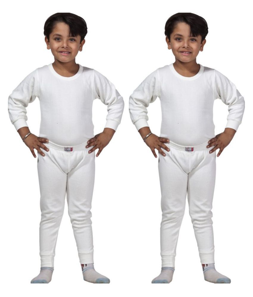     			Lux Inferno Boys & Girls White Round Neck Full Sleeves Upper & Lower Thermal Set - Pack of 2