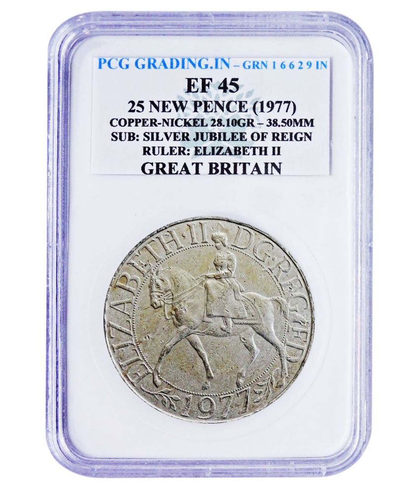     			(PCG Graded)25 New Pence(1977)Copper Nickle-28.10 Gr. SUB : Silver Jubilee of Reign Ruler : Elizabeth II Great Britan 100% Original PCG Graded Coin