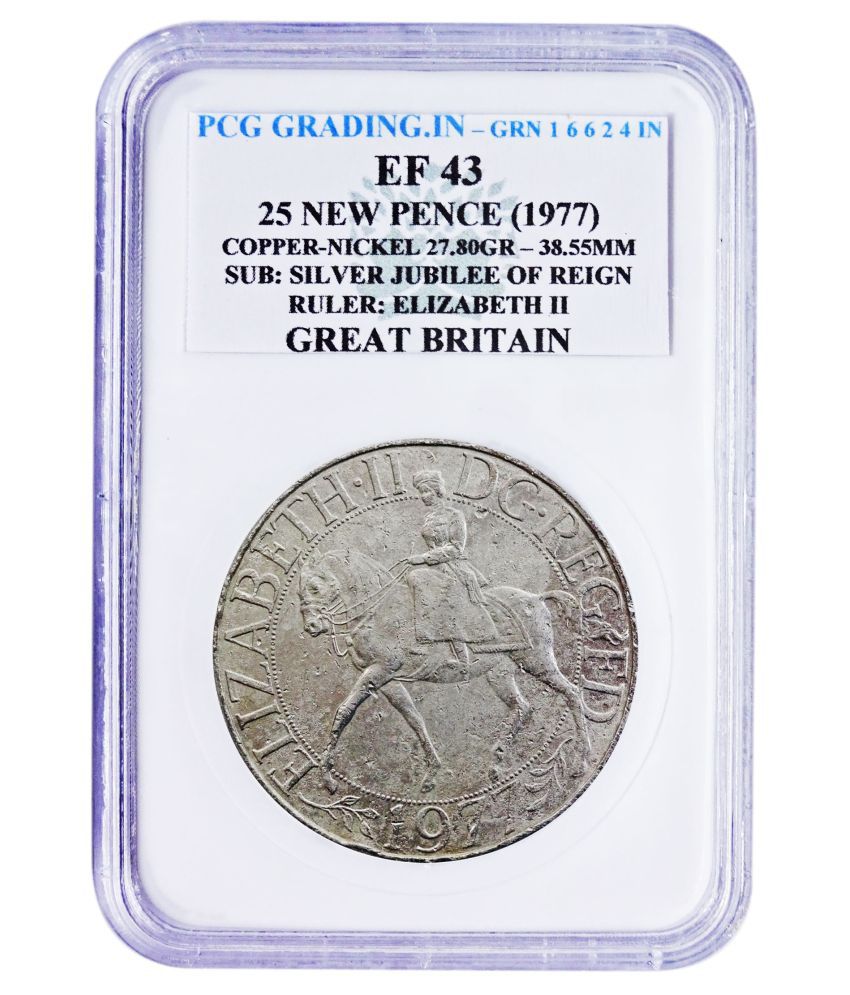     			(PCG Graded)25 New Pence(1977)Copper Nickle-27.80 Gr. SUB : Silver Jubilee of Reign Ruler : Elizabeth II Great Britan 100% Original PCG Graded Coin