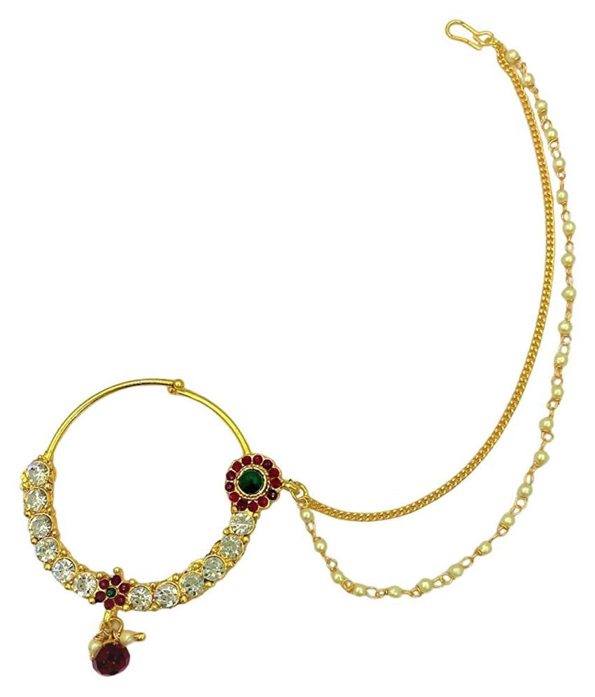 Rajisthani Look Bridal Nose Pin Kundan Stones Work Multi Color With Two Ladi Moti Chain