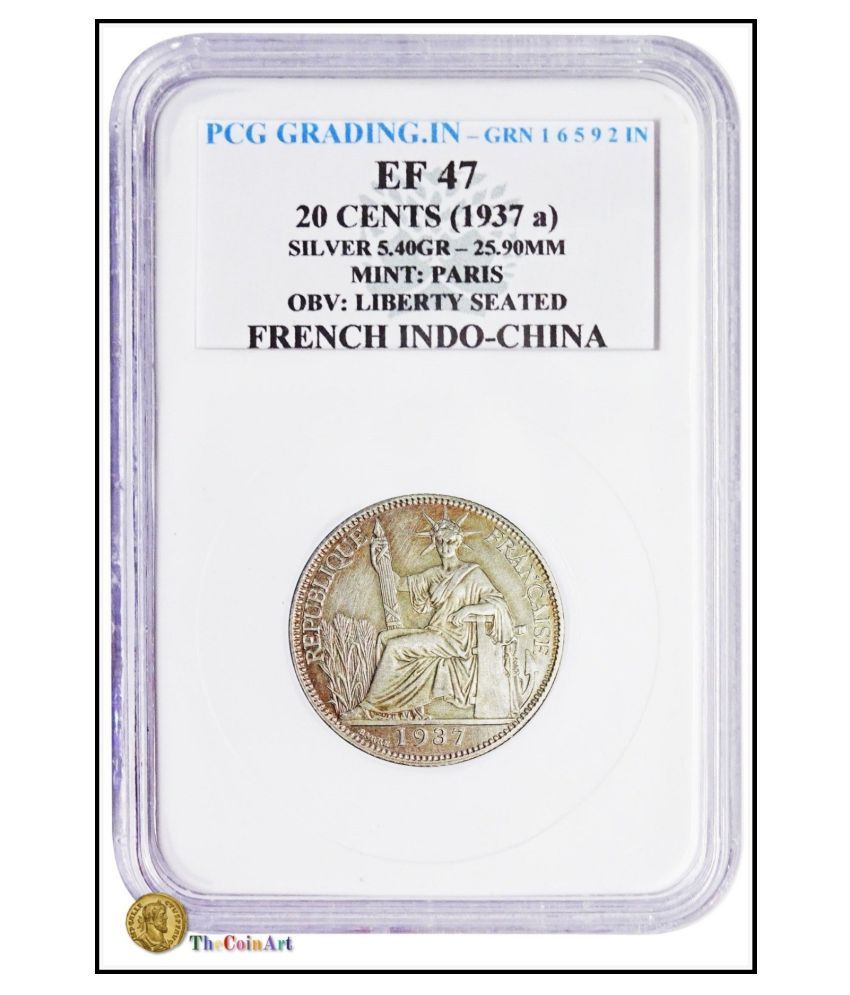     			(PCG Graded)20 Cents(1937 a) Silver-5.40 Gr. Mint : Paris OBV : Liberty Seated French Indo China 100% Original PCG Graded Coin