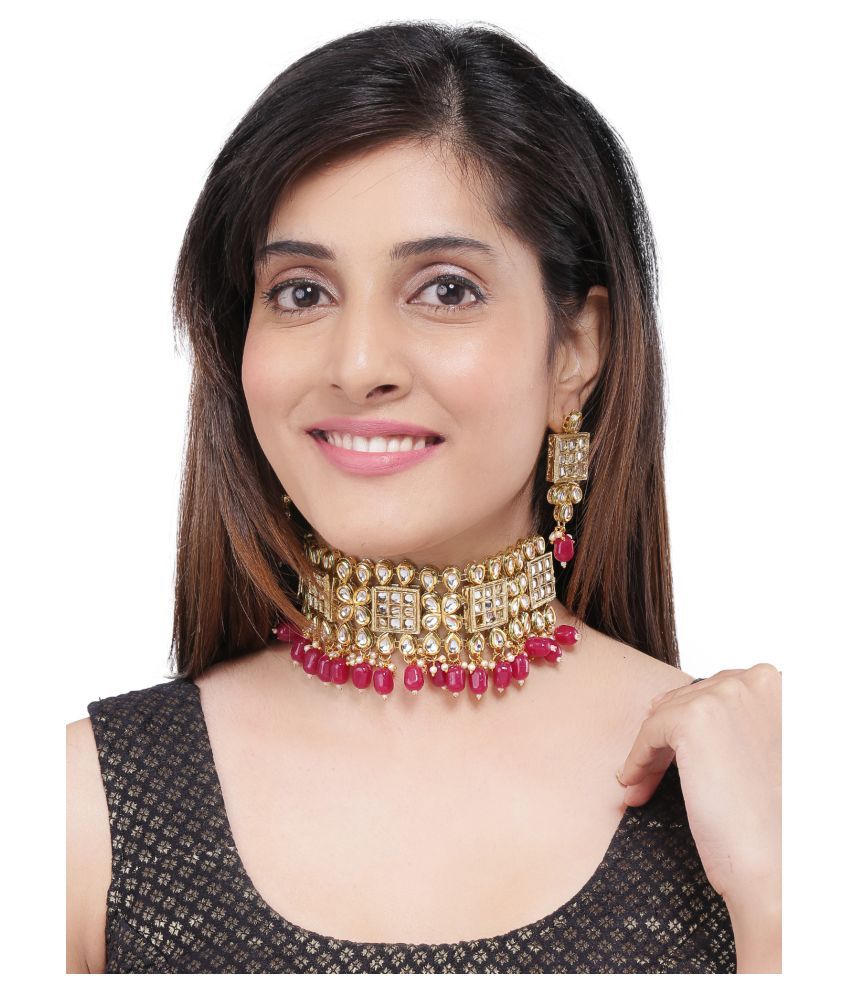     			Asmitta Jewellery Zinc Maroon Choker Traditional Gold Plated Necklaces Set