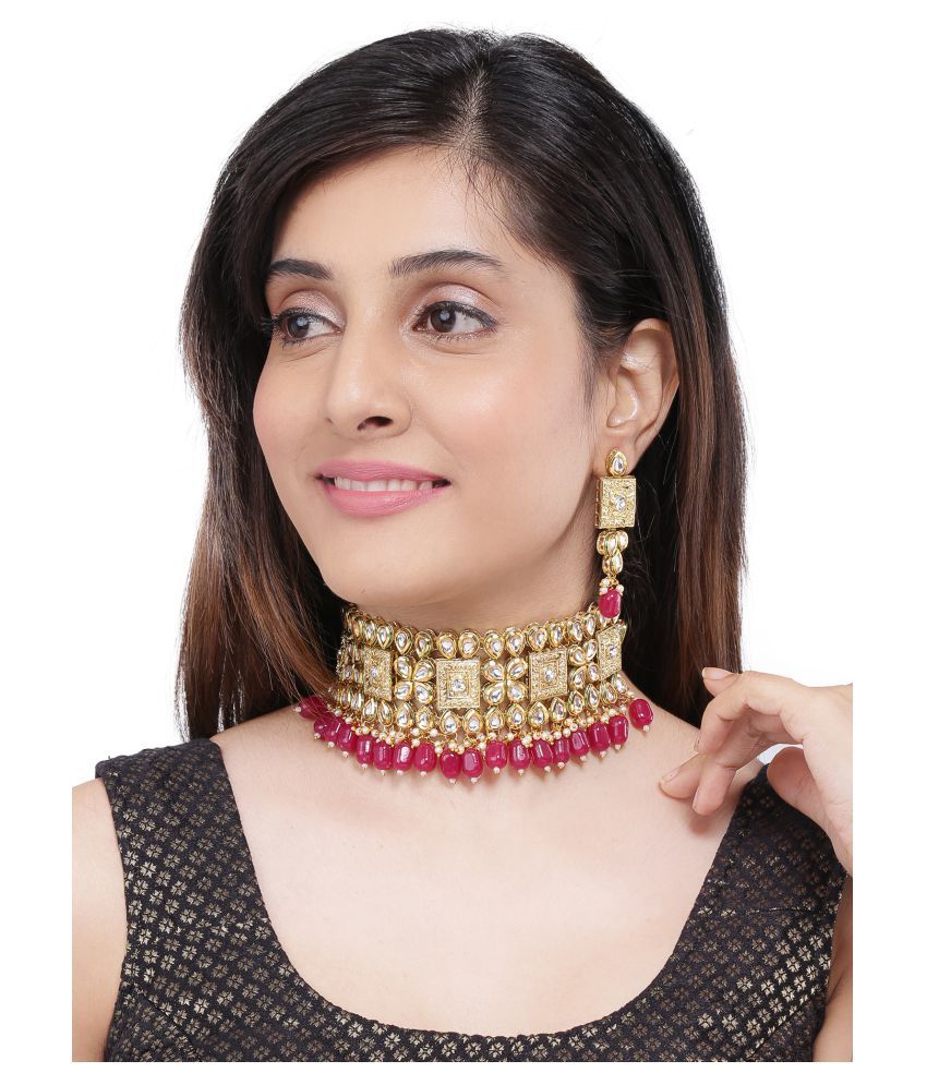     			Asmitta Jewellery Zinc Maroon Collar Traditional Gold Plated Necklaces Set