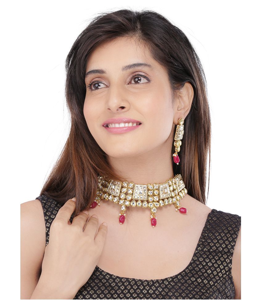     			Asmitta Jewellery Zinc Maroon Collar Traditional Gold Plated Necklaces Set