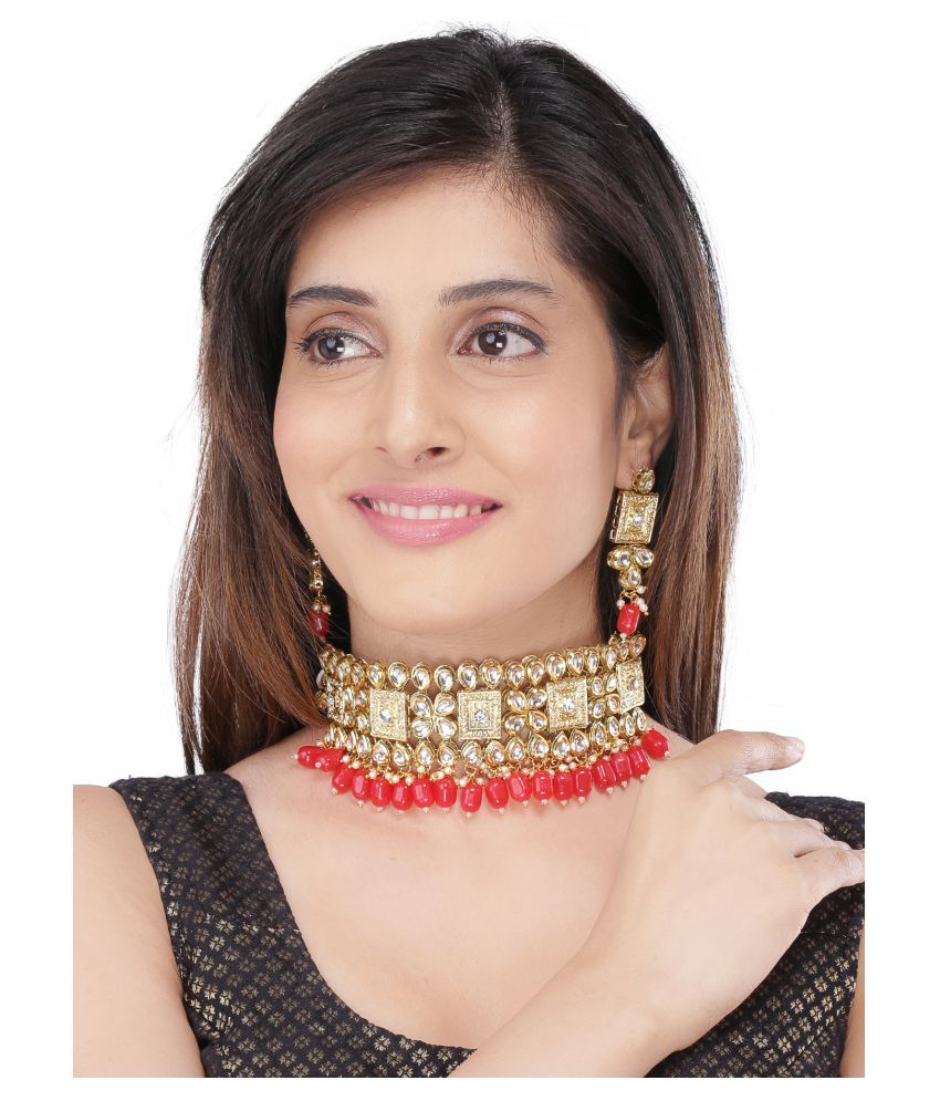     			Asmitta Jewellery Zinc Red Collar Traditional Gold Plated Necklaces Set