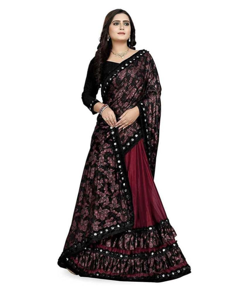 A P Super Store Maroon & Black Lycra Printed Party Wear Saree with Blouse Piece