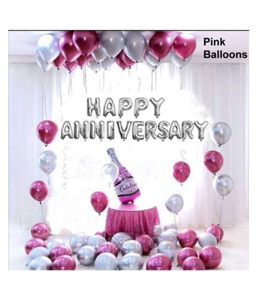     			Pixelfox Happy Anniversary (16 Silver Foil Letters) + 1 Pink Bottle + 30 Metallic Balloons Combo (Silver , Pink) for happy birthday decoration item, birthday decoration kit, birthday balloon decoration combo for husband and Wife.