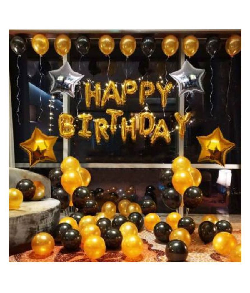     			Pixelfox Happy Birthday Letters Foil Balloons Set of 13 Pc (Gold) + Pack of 30 Party Decoration Balloons (Gold & Black) + 2 Golden Stars + 2 Silver Stars birthday balloon decoration combo for Boys, Girls, Kids, husband and Wife.