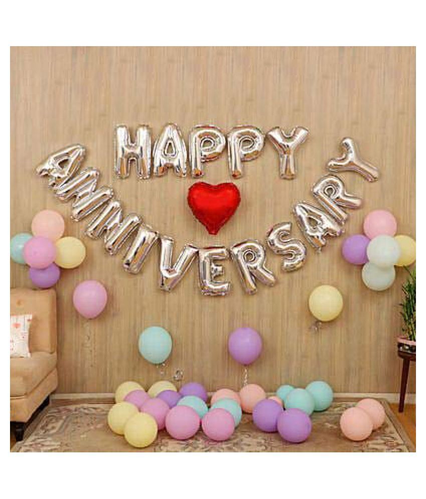     			Kiran Enterprises Happy Anniversary (16 Silver Foil Letters) + 1 Red Heart + 30 Candy Balloons Combo (Multi-color)