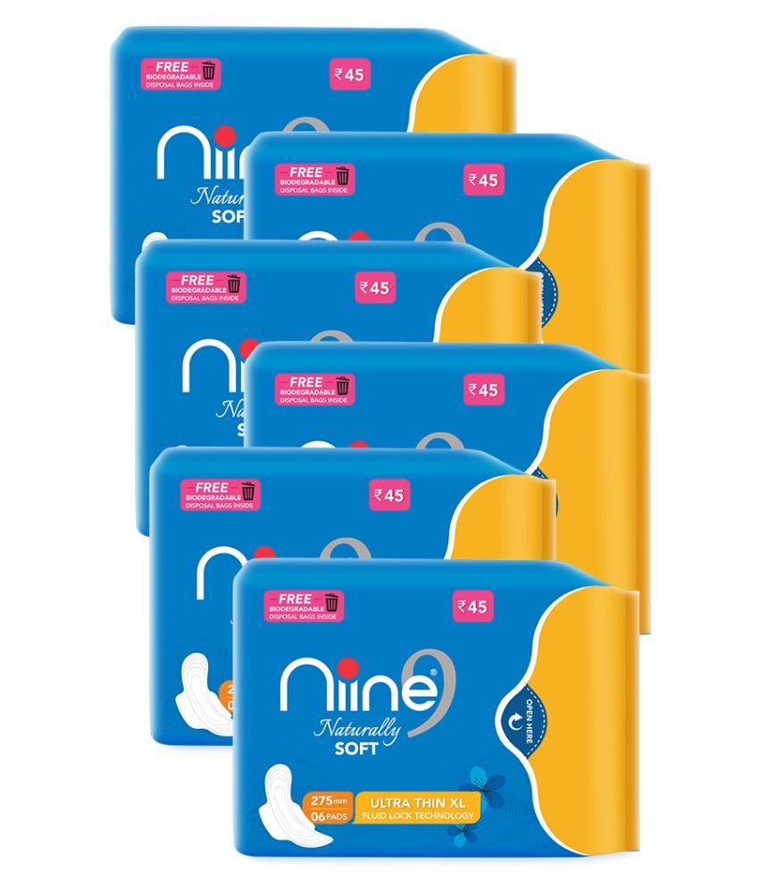     			Niine Naturally Soft Ultra Thin XL Sanitary Pads (Pack of 6) 36 Pads with Free Biodegradable Disposal Bags