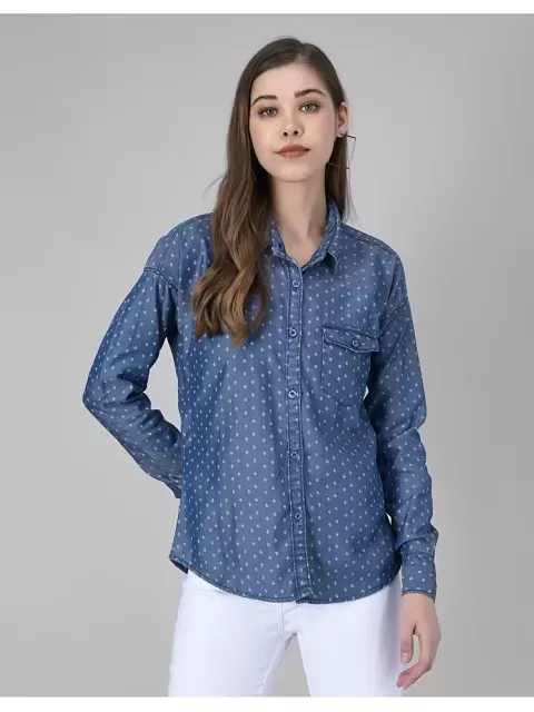 BODEN Shirt Womens 4 Blue Chambray Denim Polka Dot Keira Bow Neck Button Up  | eBay