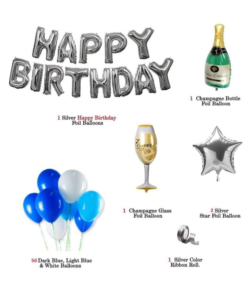     			GNGS Printed Happy Birthday Foil Letters Balloons (Silver) + Pack of 30 Party Decoration Balloons (Blue & White) + 1 Foil Bottle + 1 Foil Glass + 2 Silver Stars + 1 Ribbon