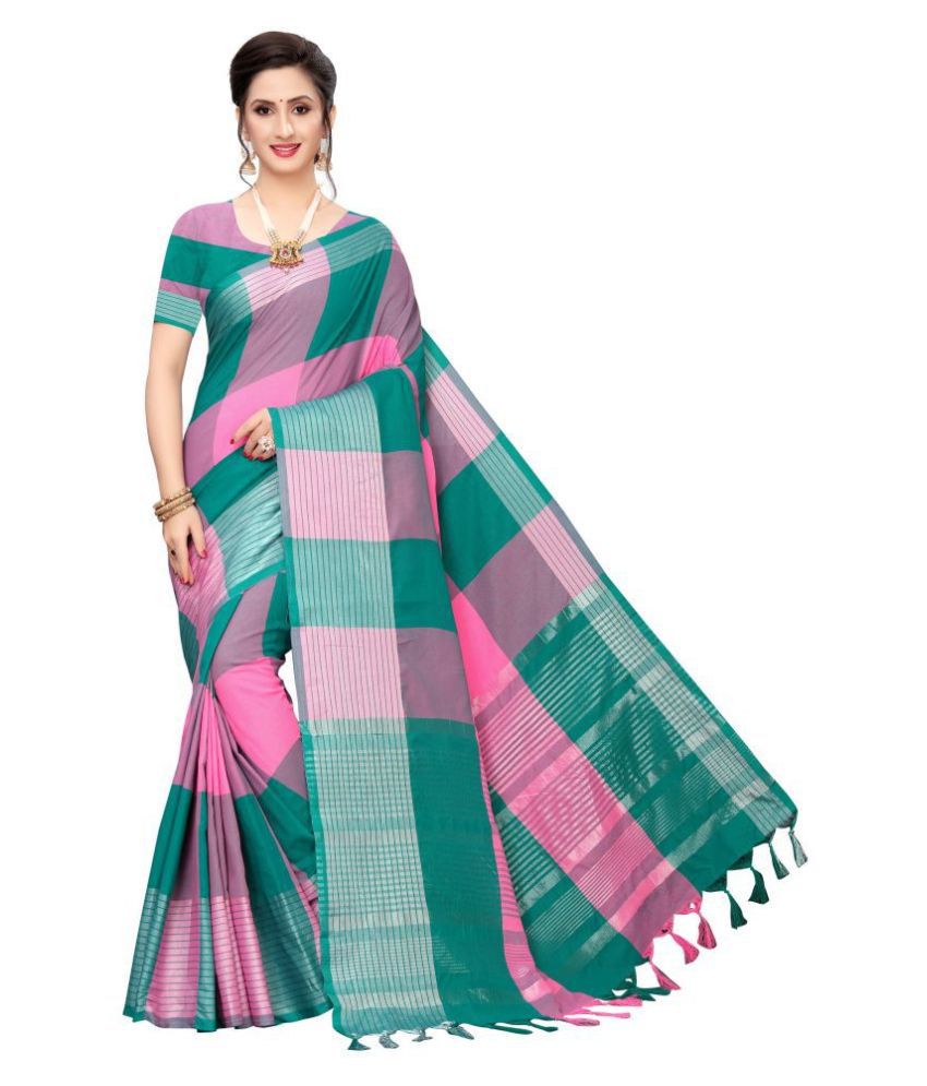 SHIVGAMI SAREES Green & Pink Cotton Silk Woven Casual Wear Saree With Blouse Piece