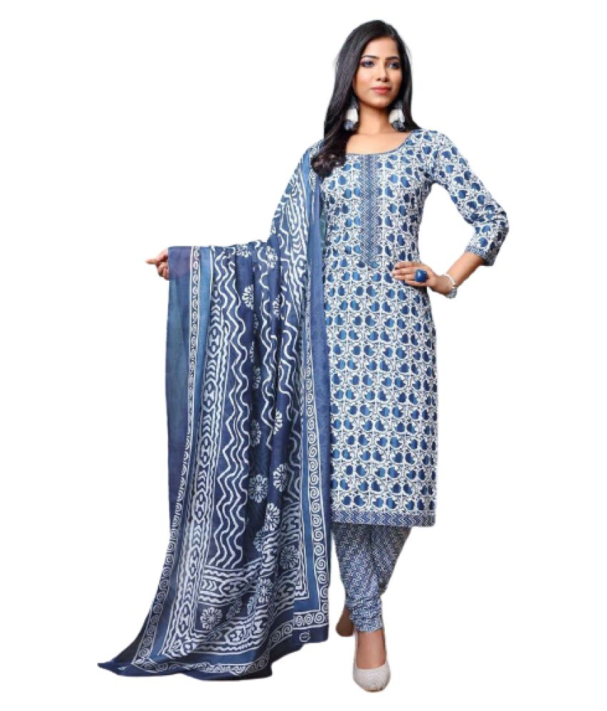 Saffron Attires Blue,White Cotton Unstitched Dress Material Buy
