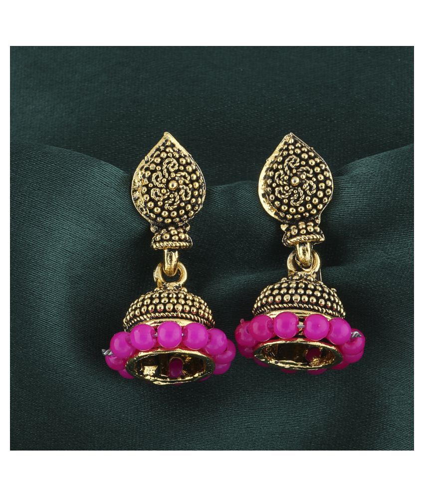     			SILVER SHINE  Elegant Pink Beads with Golden Dots  Jhumki Earrings