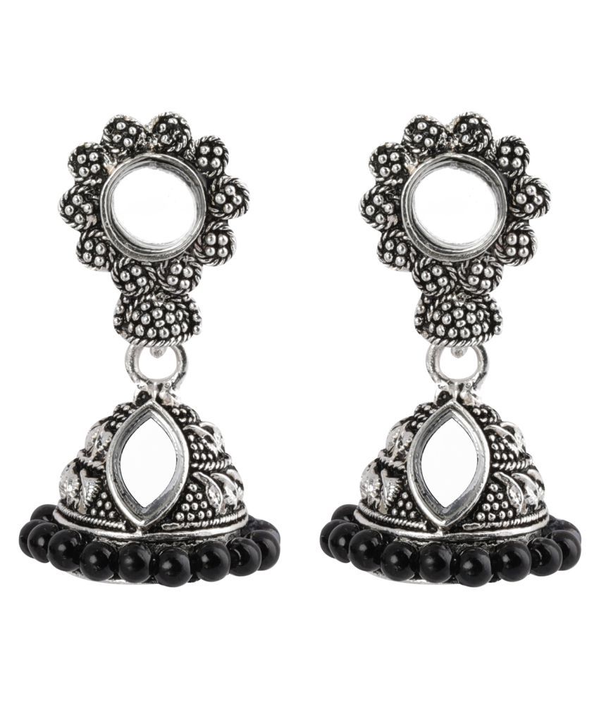     			SILVER SHINE  Pretty Black Mirror with Beads Jhumki Earrings