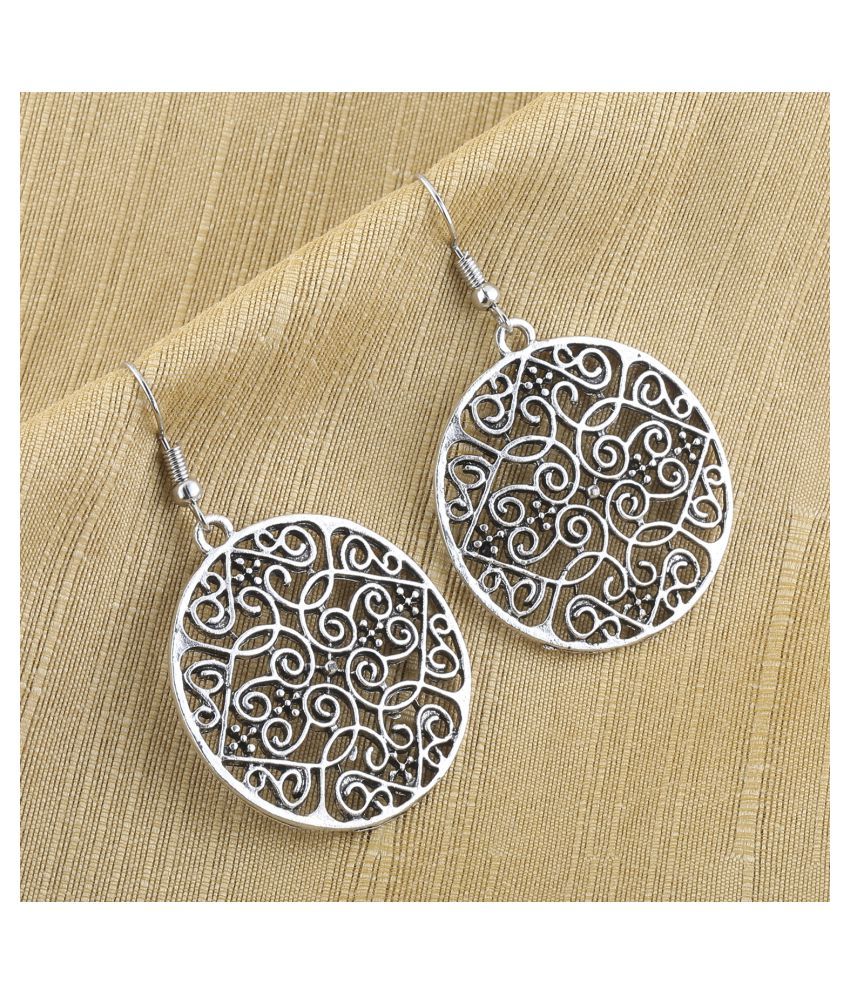     			SILVER SHINE  Ravishing Silver Mughal Jali Design Carved Earrings for Women