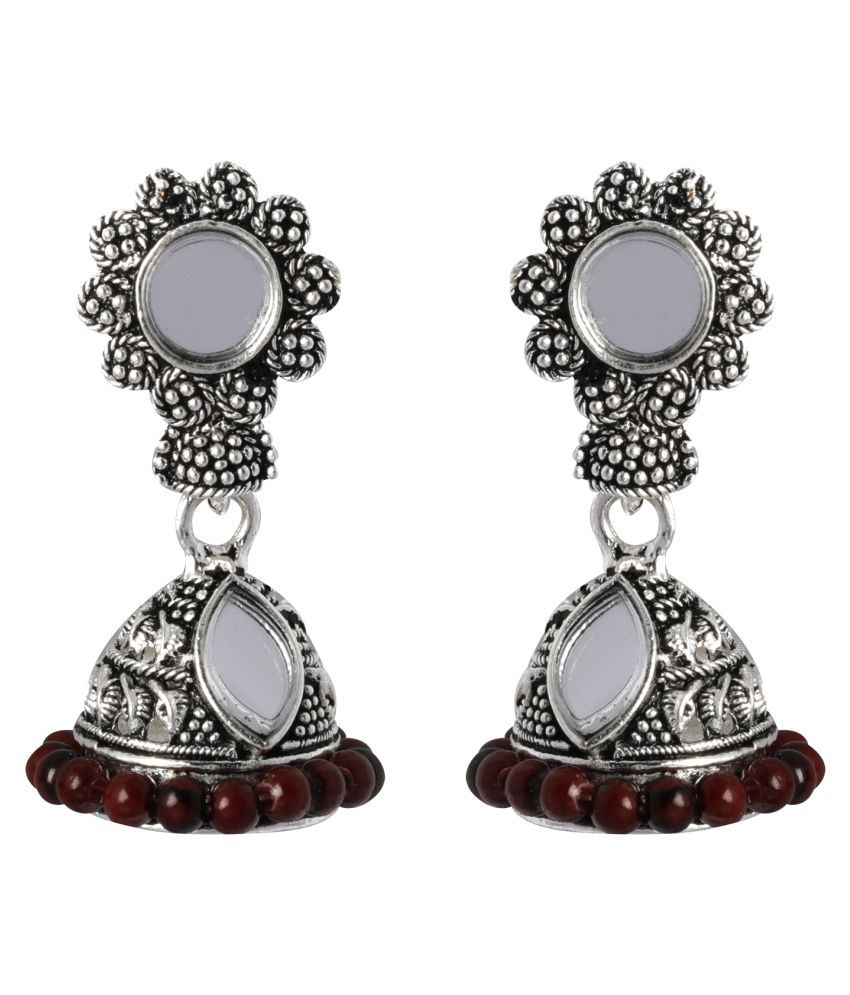     			SILVER SHINE  Trendy Maroon Mirror with Beads Jhumki Earrings