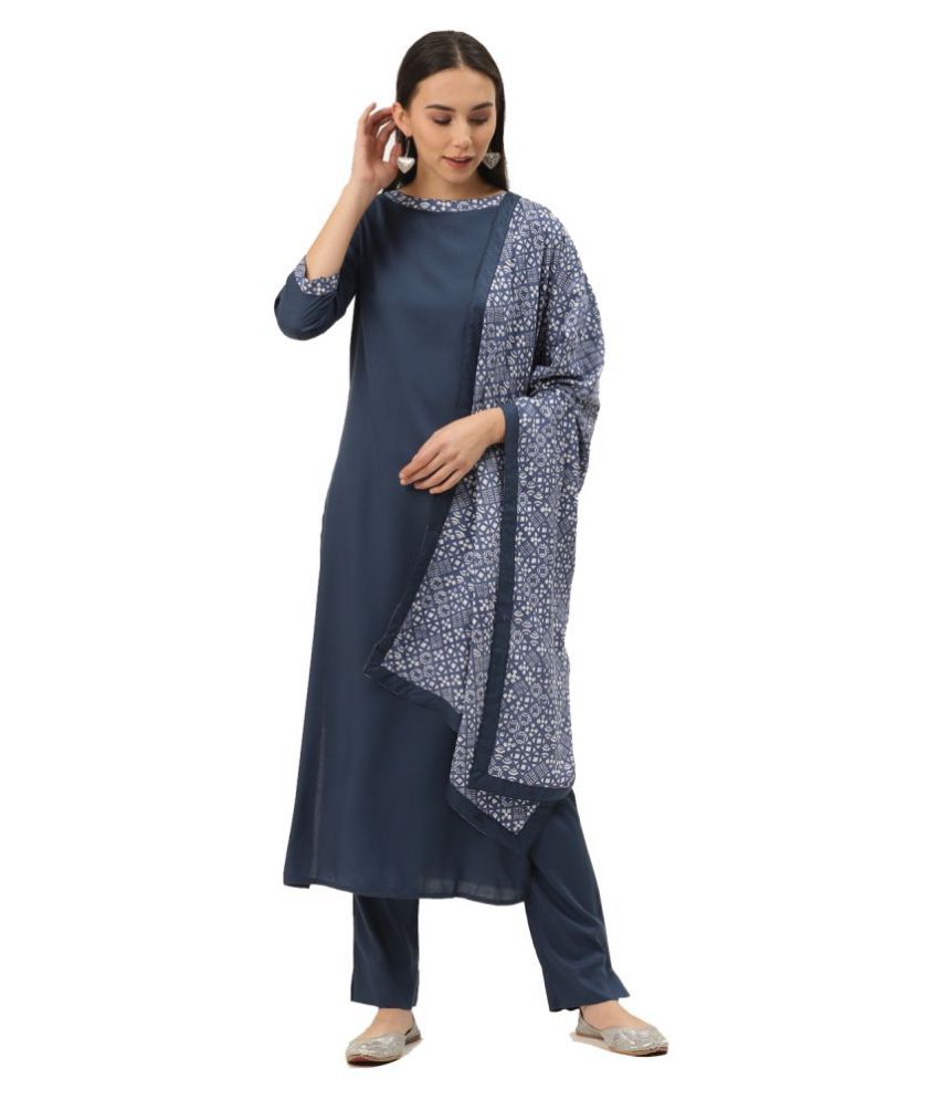 Cottinfab - Straight Rayon Blue Women's Stitched Salwar Suit ( Pack of 1 )