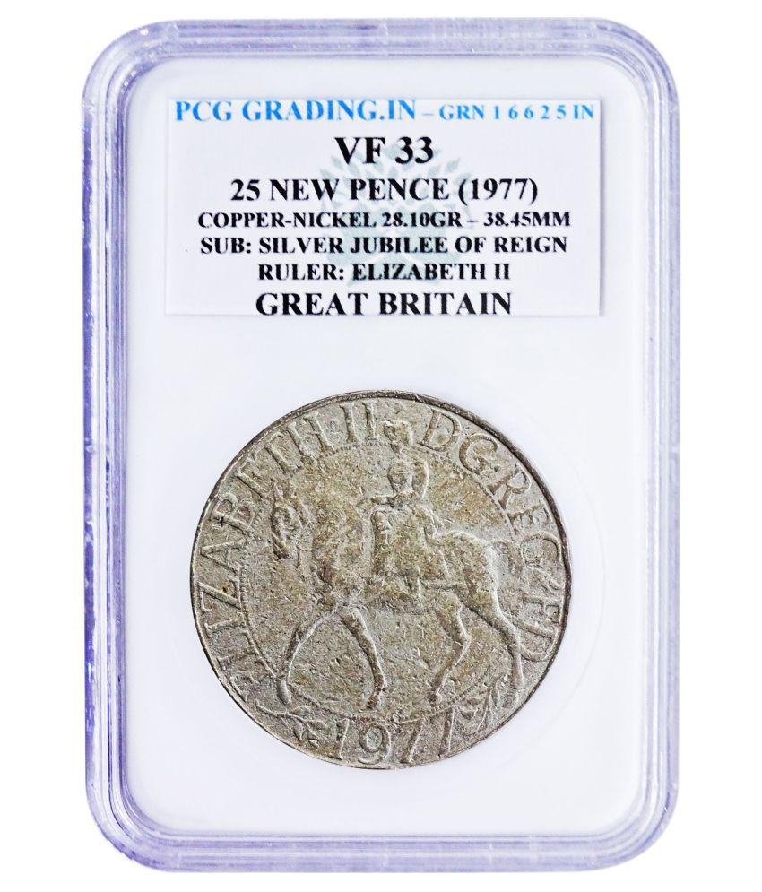     			(PCG Graded)25 New Pence(1977) Copper Nickle-28.10 Gr. SUB : Silver Jubilee of Reign Ruler : Elizabeth II Great Britan 100% Original PCG Graded Coin