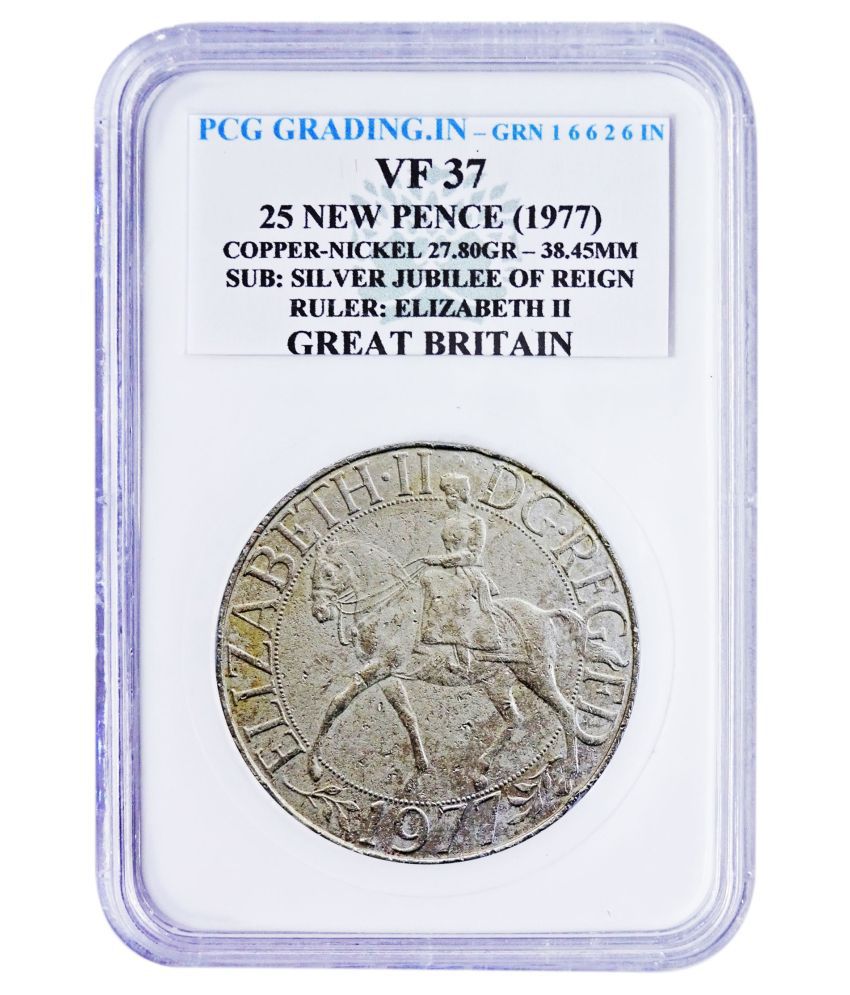     			(PCG Graded)25 New Pence(1977) Copper Nickle-27.80 Gr. SUB : Silver Jubilee of Reign Ruler : Elizabeth II Great Britan 100% Original PCG Graded Coin