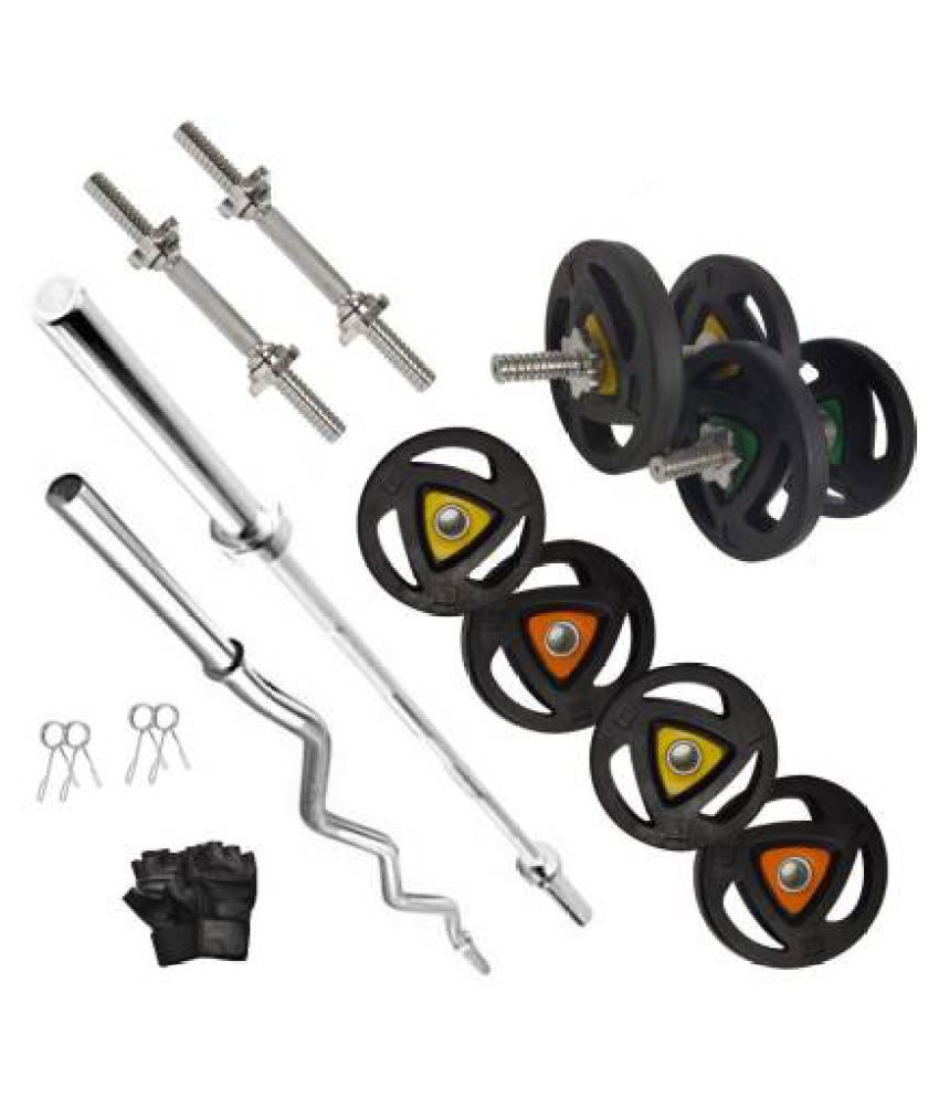 RIO PORT 20 kg Metal Integrated Rubber Plates, 5ft, 3ft curl rod and star nut dumbbell rod home gym combo