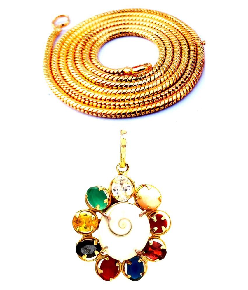     			Multicolour Synthetic Navratna Gomti Chakra Brass Pendant With Free Chain for Men and Women