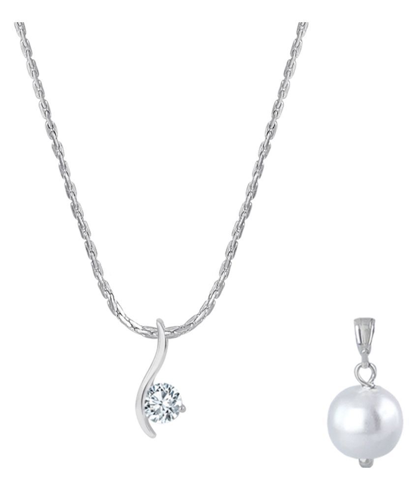     			Fashion Combo of Silver Plated Cubic Zircon Curve Solitaire Pendant and Japanese Pearl Pendant with Chain for Women and Girls