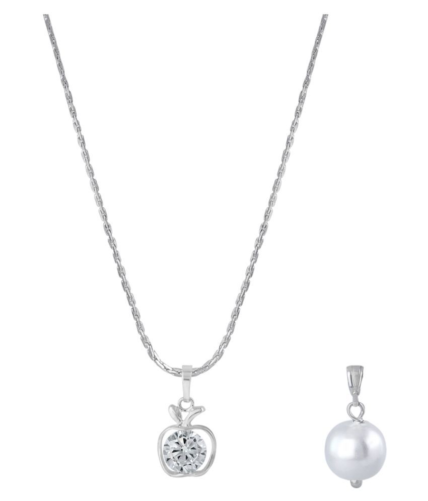     			Fashion Combo of Silver Plated Cubic Zircon Solitaire Pendant and Japanese Pearl Pendant with Chain for Women and Girls