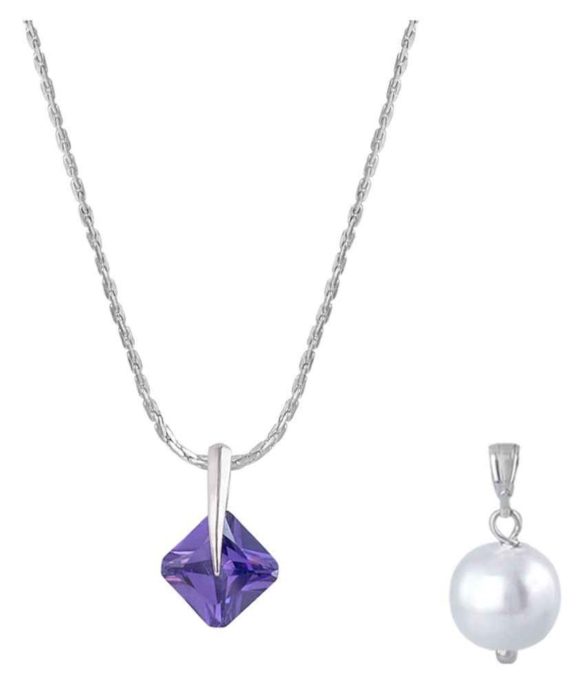     			Fashion Combo of Silver Plated Cubic Zircon Purple Square Solitaire Pendant and Japanese Pearl Pendant with Chain for Women and Girls