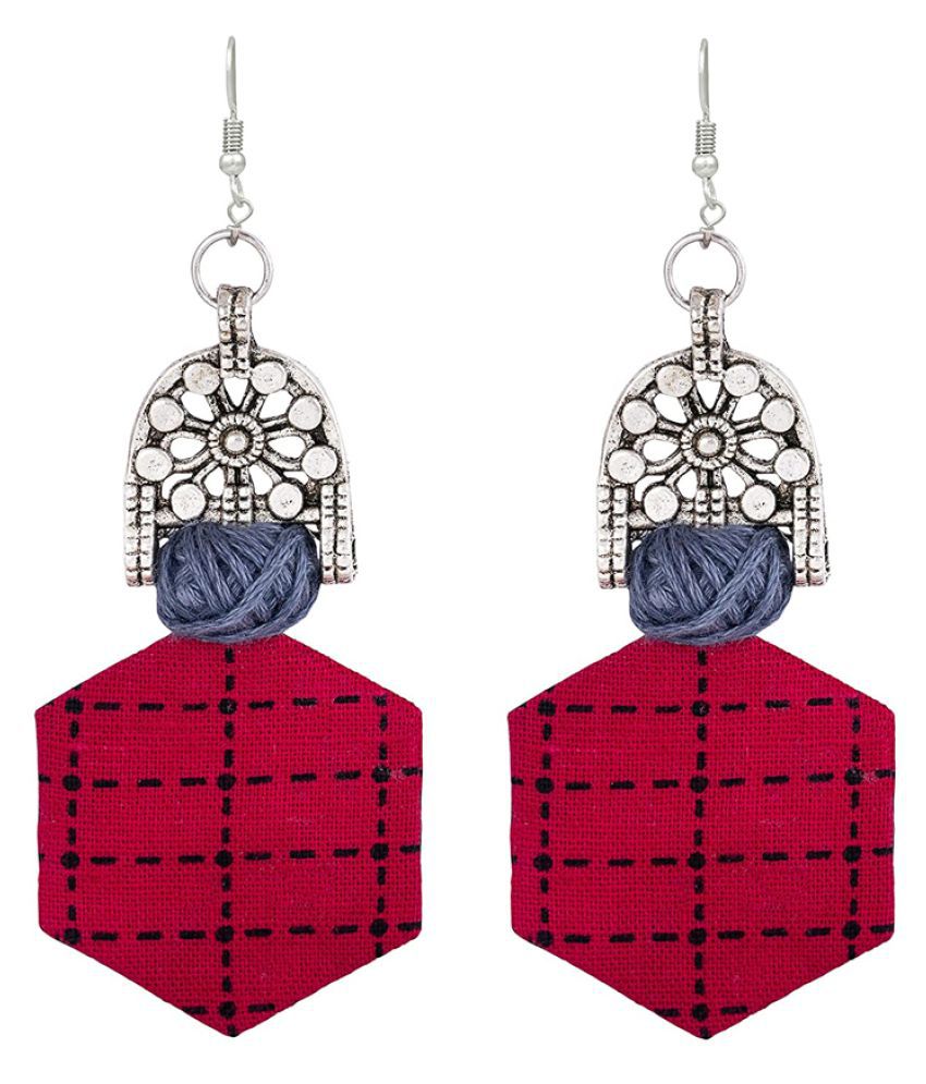     			Fashion Fabric Handcrafted Hexagon Pattern Dangler Earrings for Women and Girls (Pink & Black)