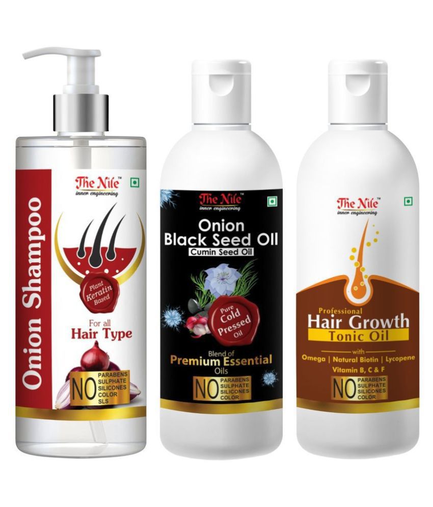     			The Nile Red Onion Shampoo 200 ML + Onion Black Seed 100 ML + Hair Tonic 100 ML  Shampoo 400 mL Pack of 3