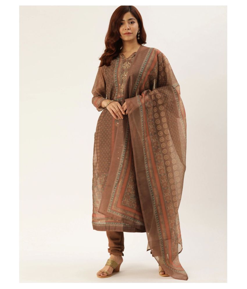     			Aarrah Brown Cotton Unstitched Dress Material