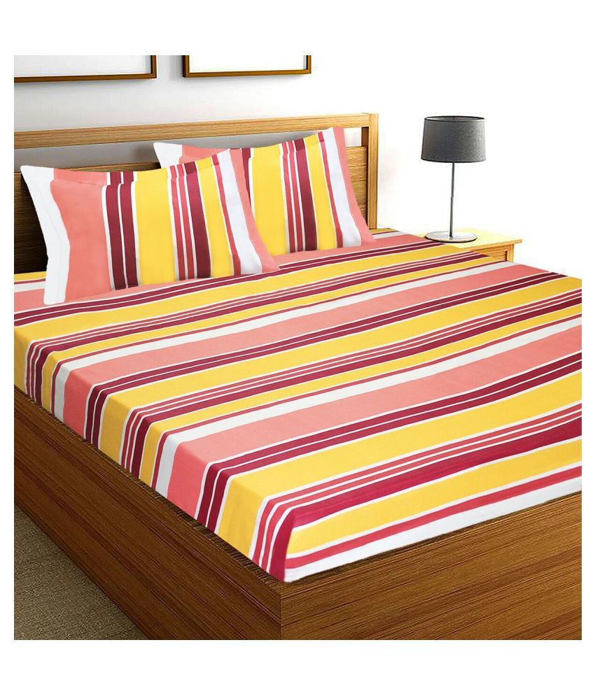     			Home Candy Cotton Horizontal Striped Double Bedsheet with 2 Pillow Covers - Red