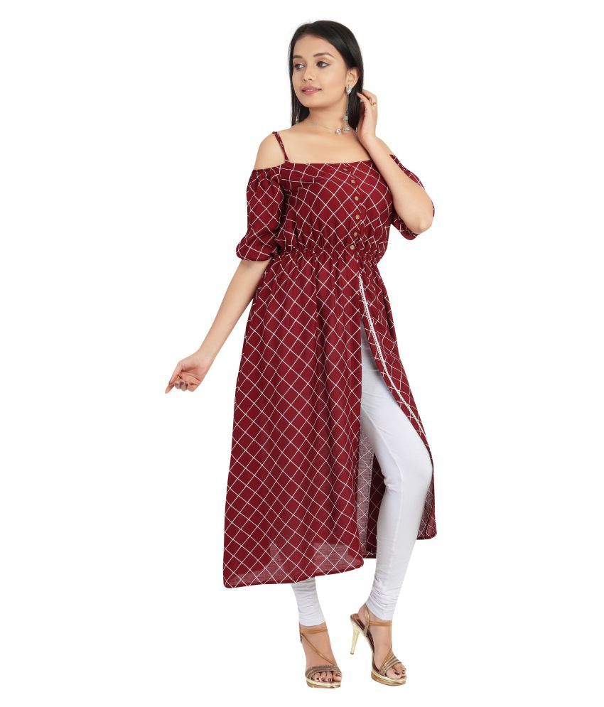     			MEESORRA Maroon Rayon A-line Kurti