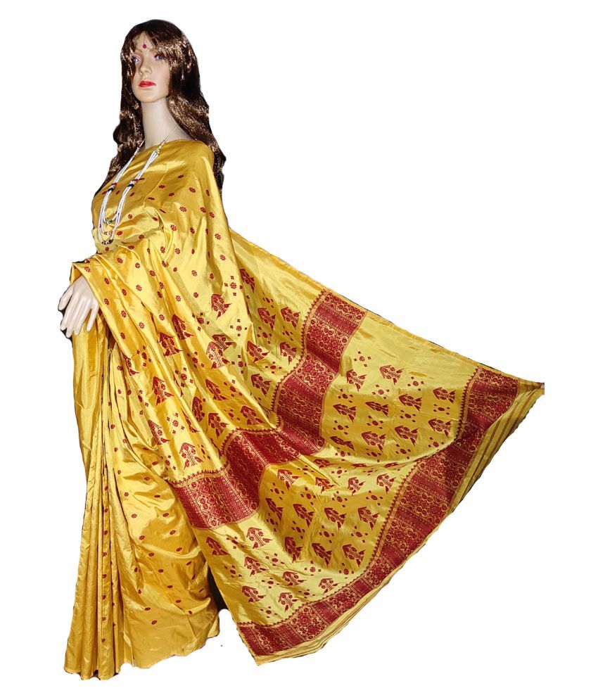 Assam Silk Saree Maroon,Yellow Mulberry Silk Saree - Buy Assam Silk ...