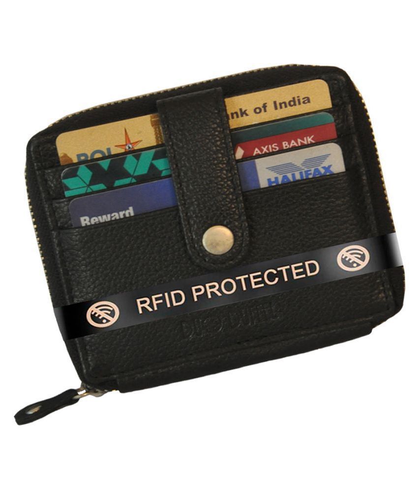     			DUO DUFFEL RFID Protected Black Genuine Leather Card Holder Zipper Clouser