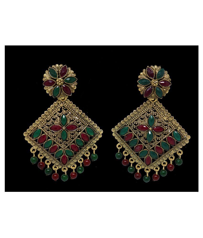 Happy Stoning Traditional Shimmering Antique Golden Brass Earrings