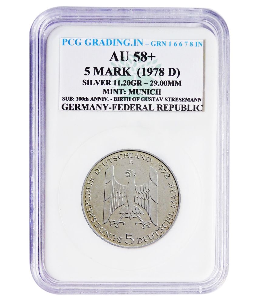     			(PCG Graded) 5 Mark (1978 D) Silver - 11.20 Gr.  Mint : Munich  SUB : 100th Anniv. Birth of Gustav Stresemann Germany Federal Republic PCG Graded 100% Original Coin