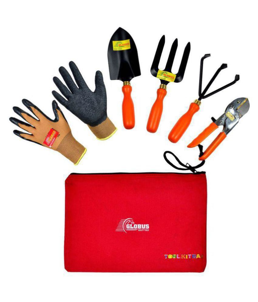     			GLOBUS 933 Garden Tool Set/4 PCS (Big Trowel, Weeder Fork, Hand Cultivator orange colour, Red Pruner, metal, tool kit bag and  working gloves,Pack of 6)