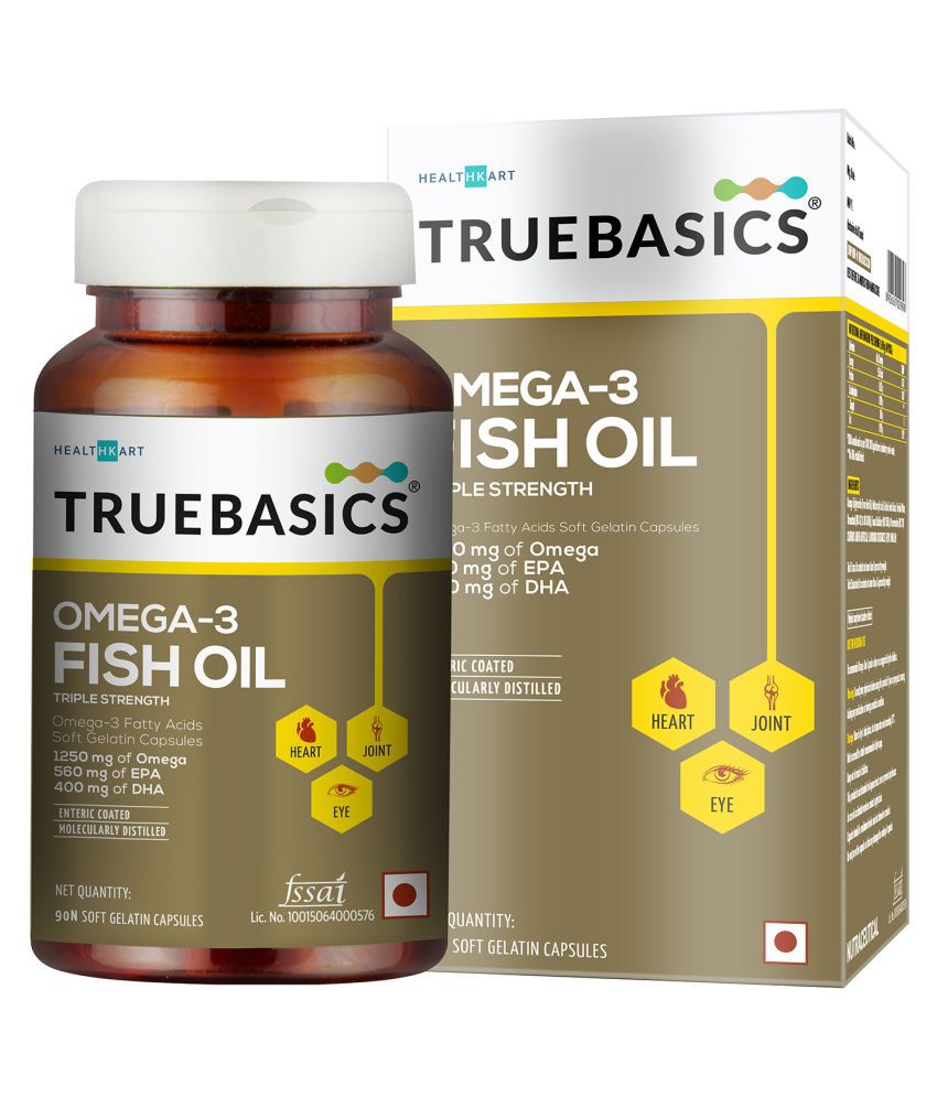 TrueBasics Omega 3 Fish Oil, Triple Strength with 1250mg Omega (560mg EPA & 400mg DHA), Joints, Eyes & Heart Health, 90 Capsules