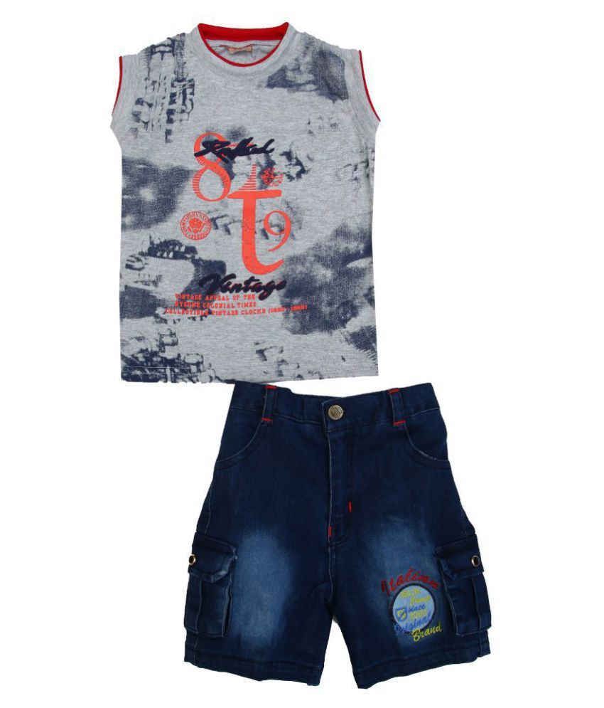     			Zadmus Boys Cotton T - Shirt & Denim Shorts Dress (Red, 2 - 3 Years)